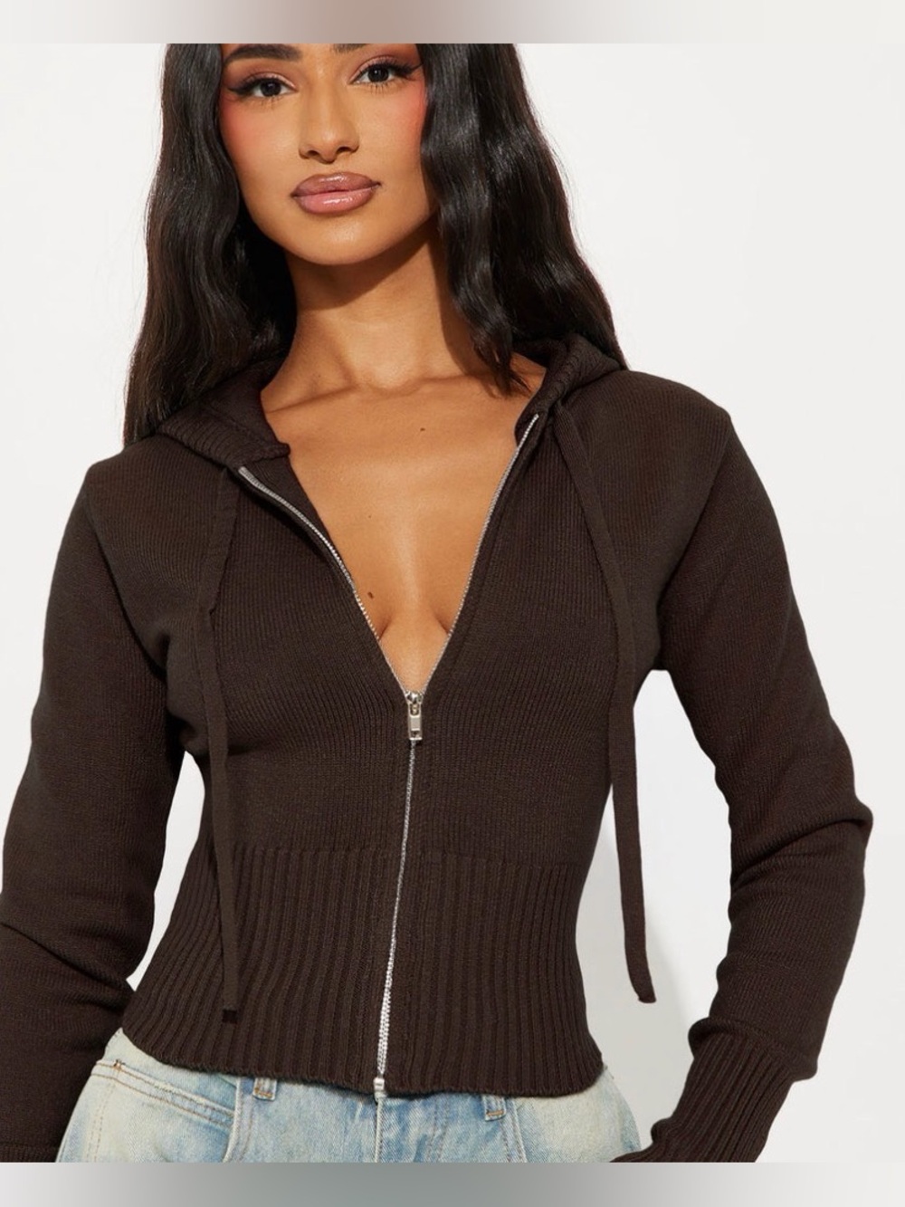 Cropped Ribbed Zip Hoodie in Dark Brown